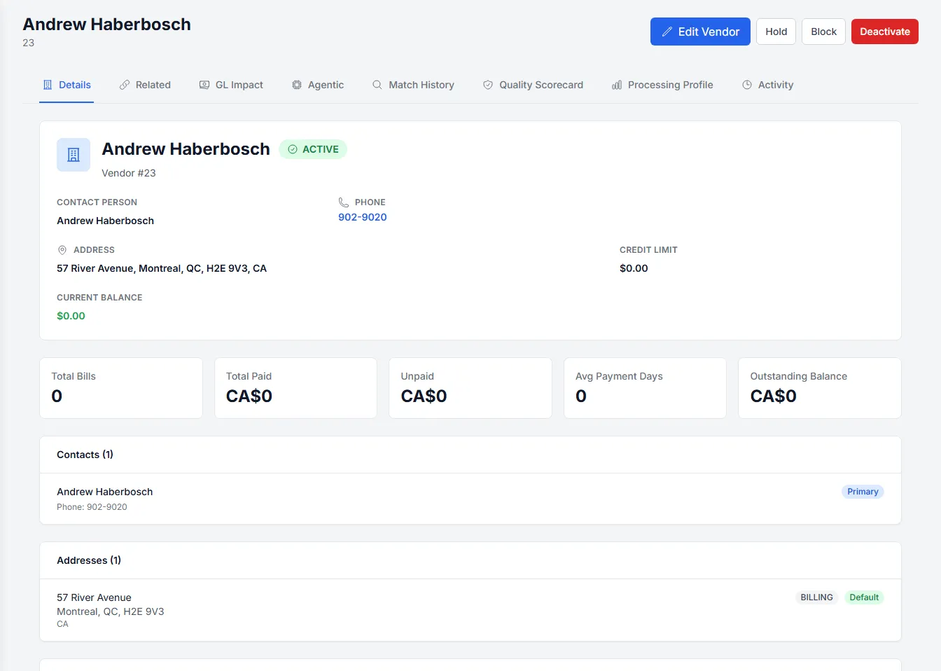 Match panel comparing a bill against its PO and vendor record